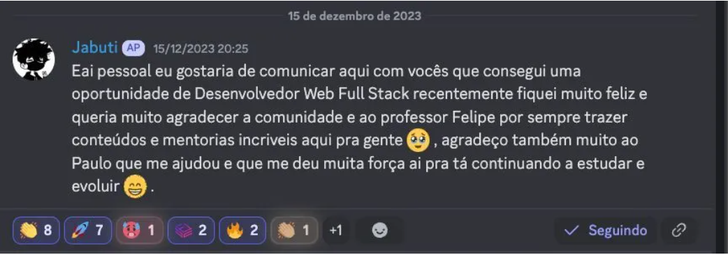 Depoimento de aluno sobre uma oportunidade como desenvolvedor Full Stack