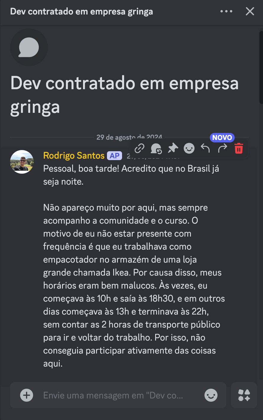 Depoimento de Rodrigo Santos sobre sua contratação por uma empresa estrangeira