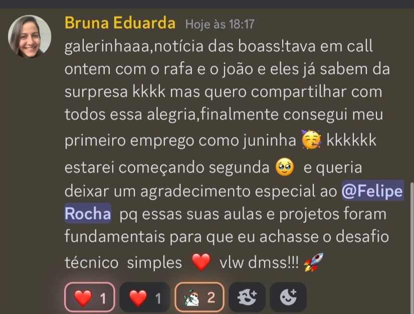 Depoimento de Bruna Eduarda sobre seu primeiro emprego como desenvolvedora